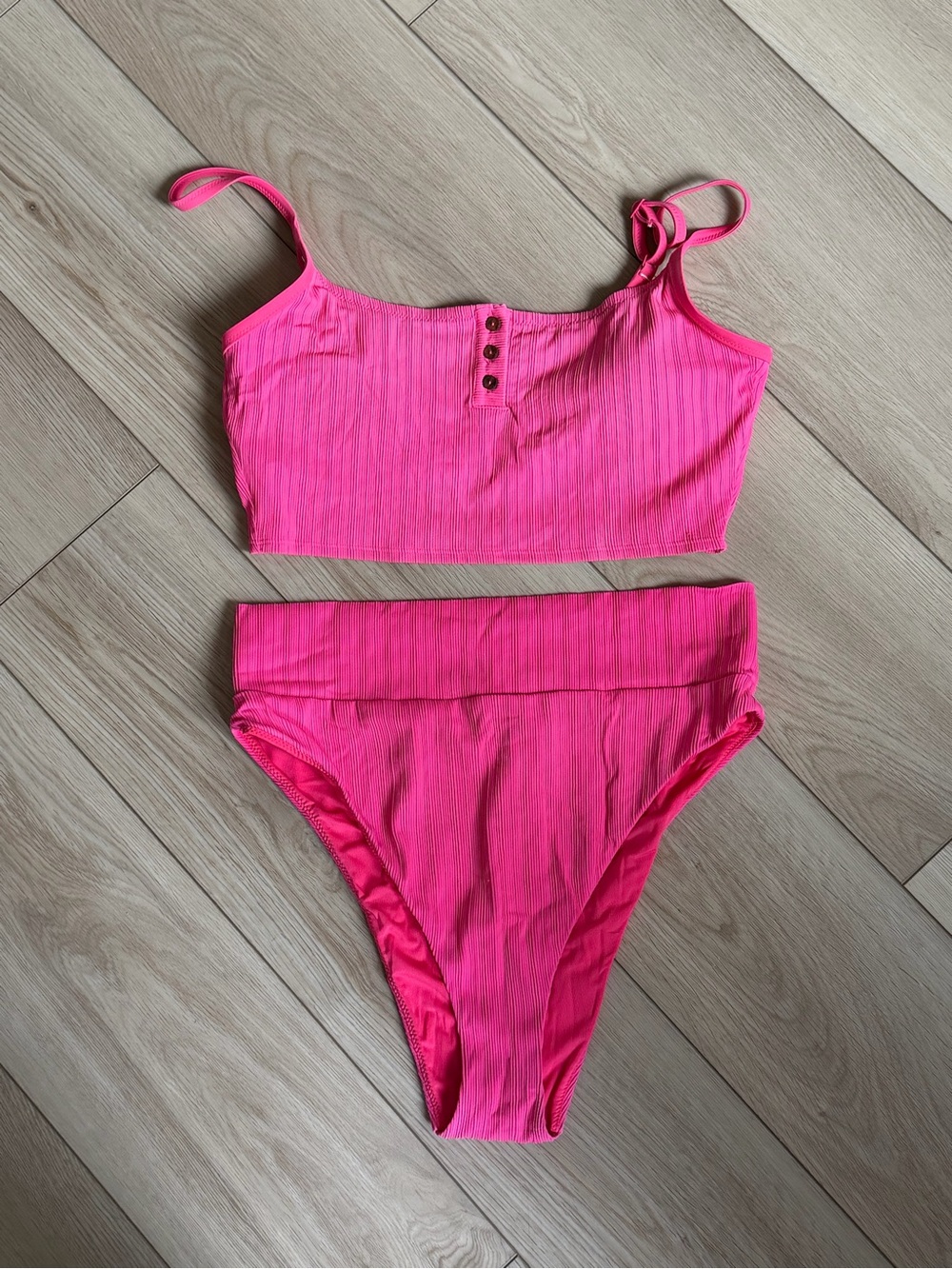 Aerie Hot Pink Ribbed High Cut Bikini Set Top L Bottom XL